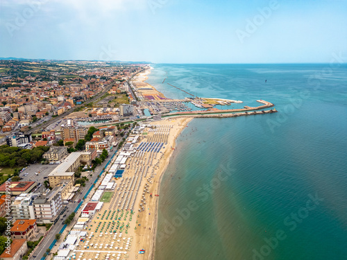 Italy, 09 June 2024: panoramic aerial view of the sea and the velvet beach of Senigallia in the province of Ancona Marche