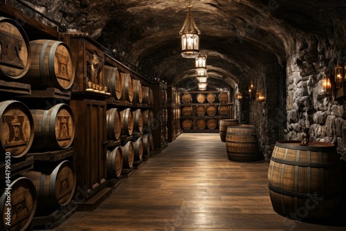 Dimly lit wine cellar showcasing rows of aged oak barrels in an underground vault