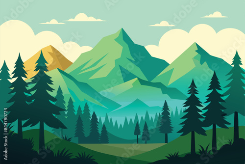Beautiful landscape of coniferous forest with plants and shrubs. A magnificent forest clearing against the backdrop of stunning mountains vector illustration