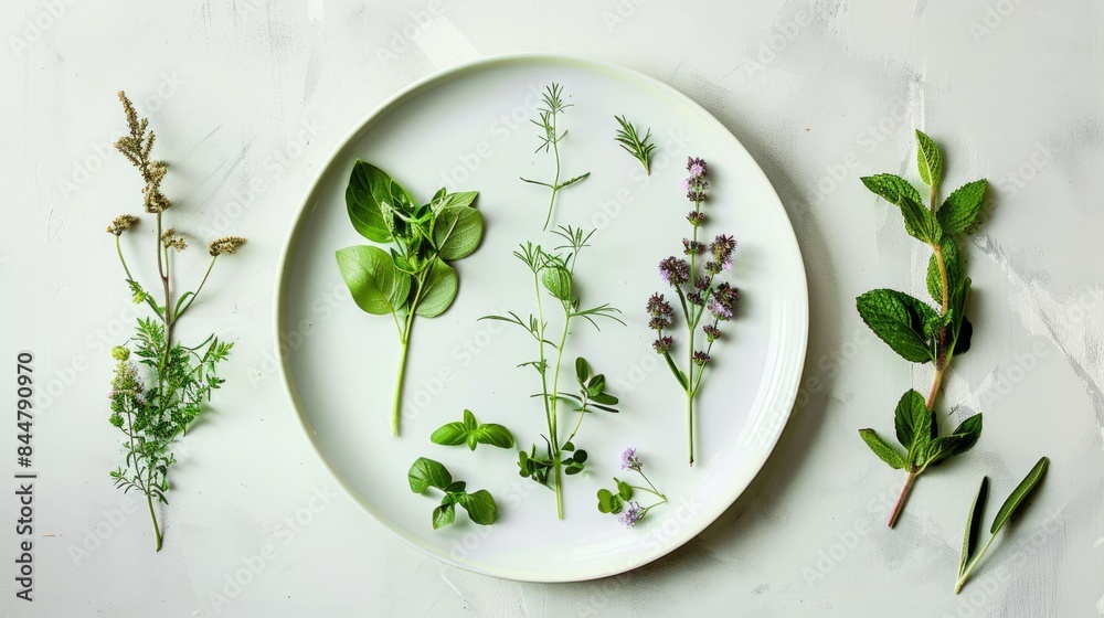 herbs on the plate, creating different patterns and visual compositions. generative ai herbs on the plate, creating different patterns and visual compositions. generative ai