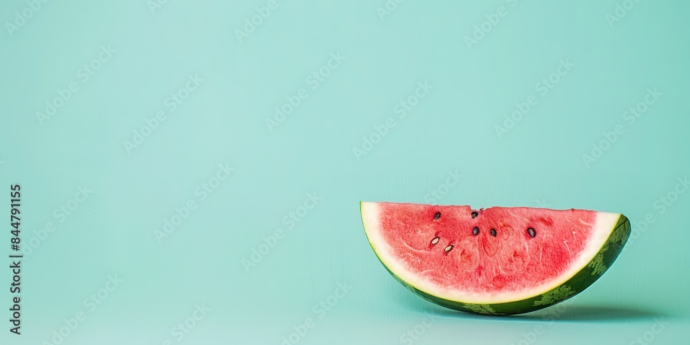 A fresh watermelon slice on a turquoise background, symbolizing refreshing summer vibes. A fresh watermelon slice on a turquoise background, symbolizing refreshing summer vibes.
