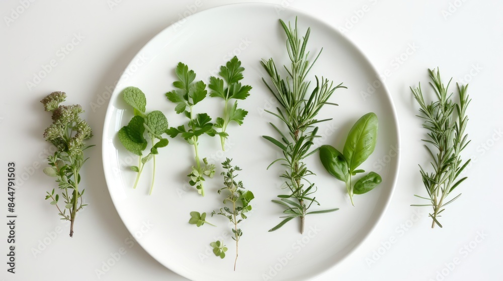 herbs on the plate, creating different patterns and visual compositions. generative ai herbs on the plate, creating different patterns and visual compositions. generative ai