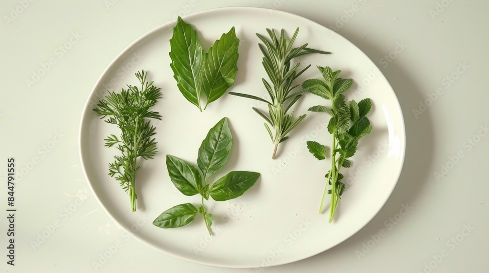 herbs on the plate, creating different patterns and visual compositions. generative ai herbs on the plate, creating different patterns and visual compositions. generative ai