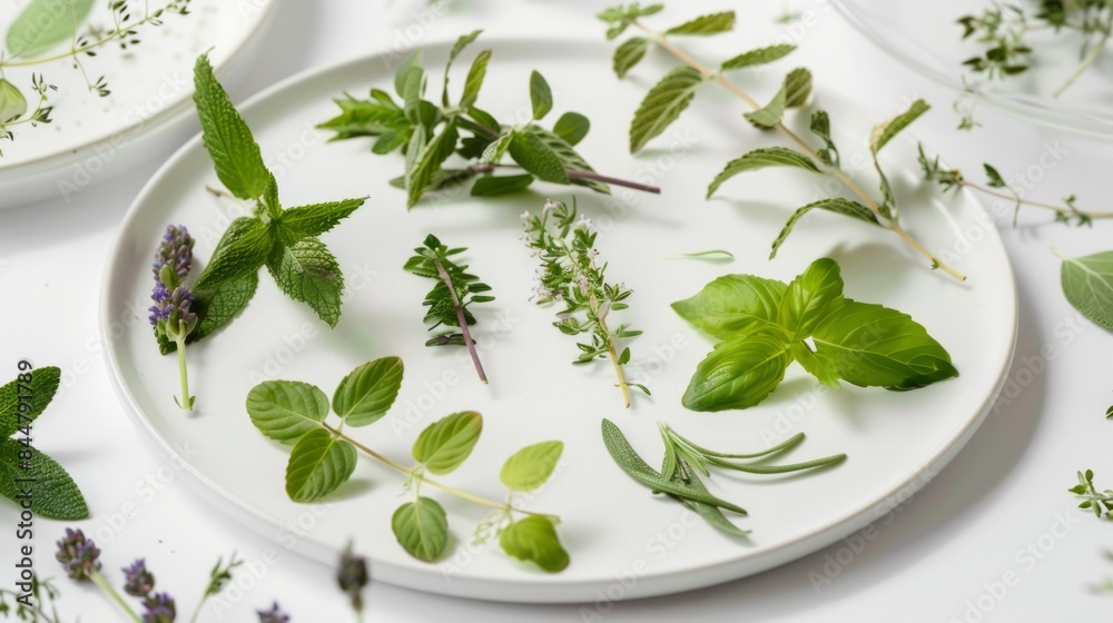 herbs on the plate, creating different patterns and visual compositions. generative ai herbs on the plate, creating different patterns and visual compositions. generative ai