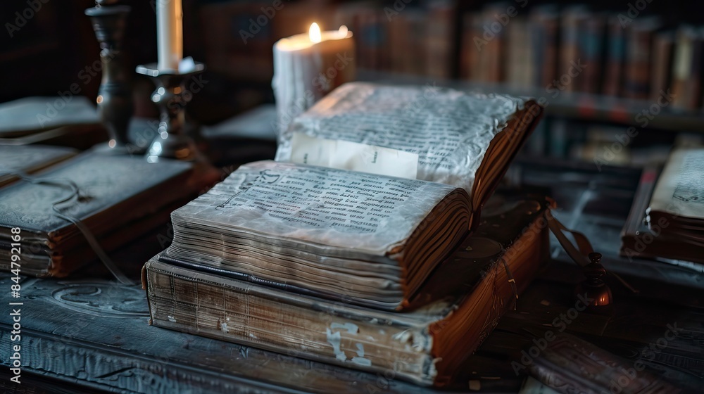 Antique books with old cyrillic text lying on a table in a dark library room, magical symbols Antique books with old cyrillic text lying on a table in a dark library room, magical symbols