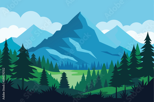 Beautiful landscape of coniferous forest with plants and shrubs. A magnificent forest clearing against the backdrop of stunning mountains vector illustration