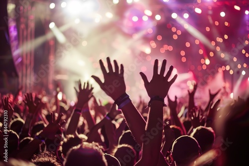 Crowd of people enjoying a live music concert under vibrant stage lights.