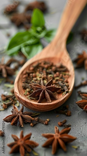 anise star spice for baking in wooden spoon on concrete table 