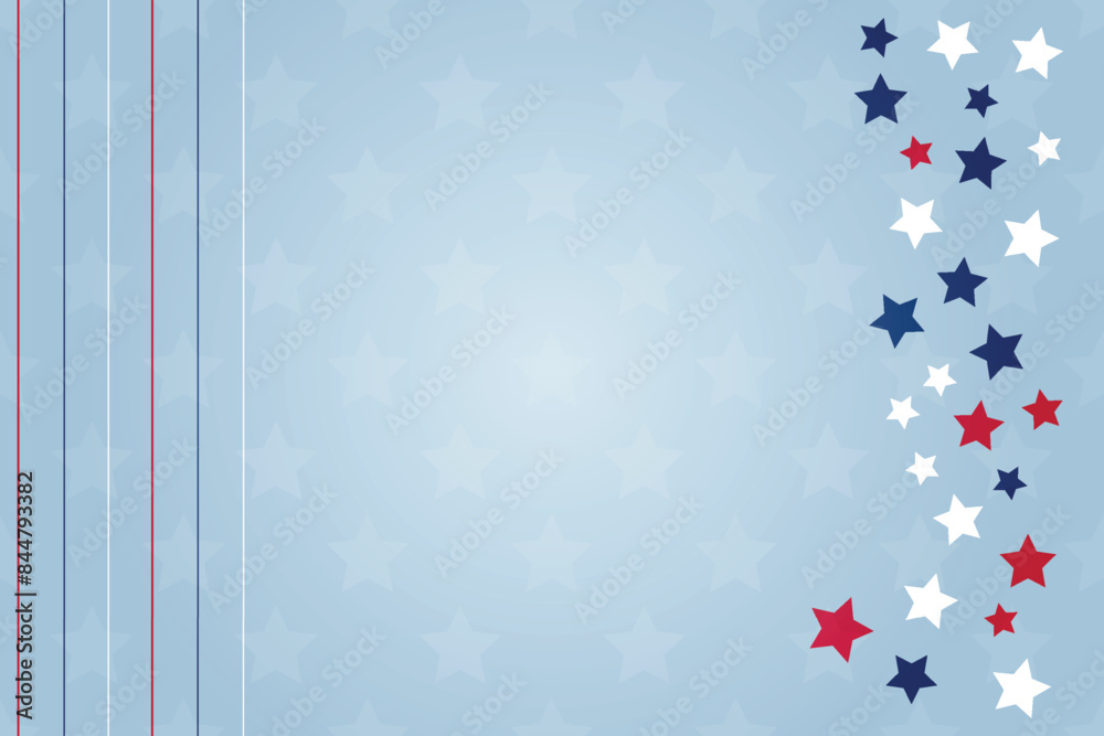 Fototapeta premium USA Presidents Day Independence Day Greeting card Copy space text Patriotic stars lines like frame Decoration red white blue Americas flag colors American national holiday background Template banner