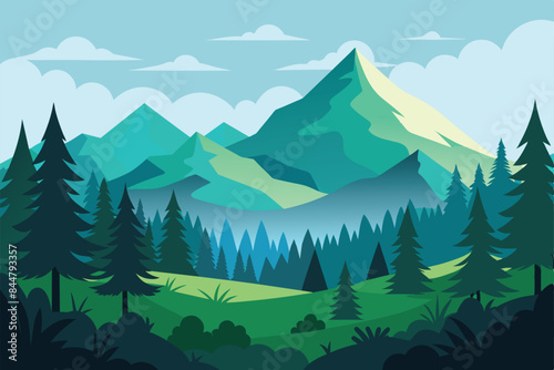 Beautiful landscape of coniferous forest with plants and shrubs. A magnificent forest clearing against the backdrop of stunning mountains vector illustration