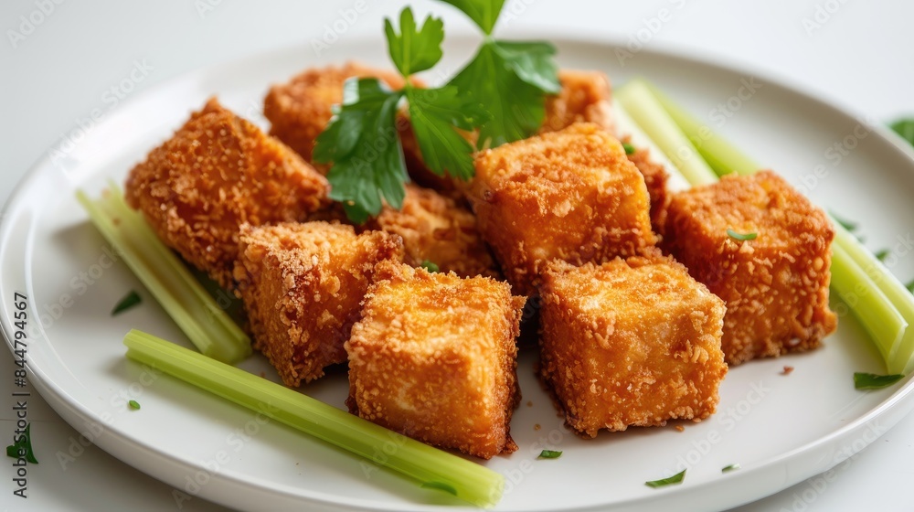 Crispy and soft tofu katsu with celery leaves on a white plate against a white backdrop Crispy and soft tofu katsu with celery leaves on a white plate against a white backdrop