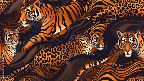 Animal skin tiger ,and cheetah,lepard in safari mood in the wave way seamless pattern in vector  © CREATIVE STOCK