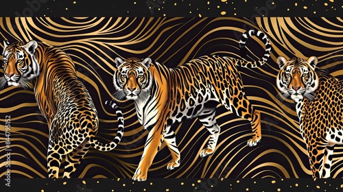 Animal skin tiger ,and cheetah,lepard in safari mood in the wave way seamless pattern in vector  © CREATIVE STOCK