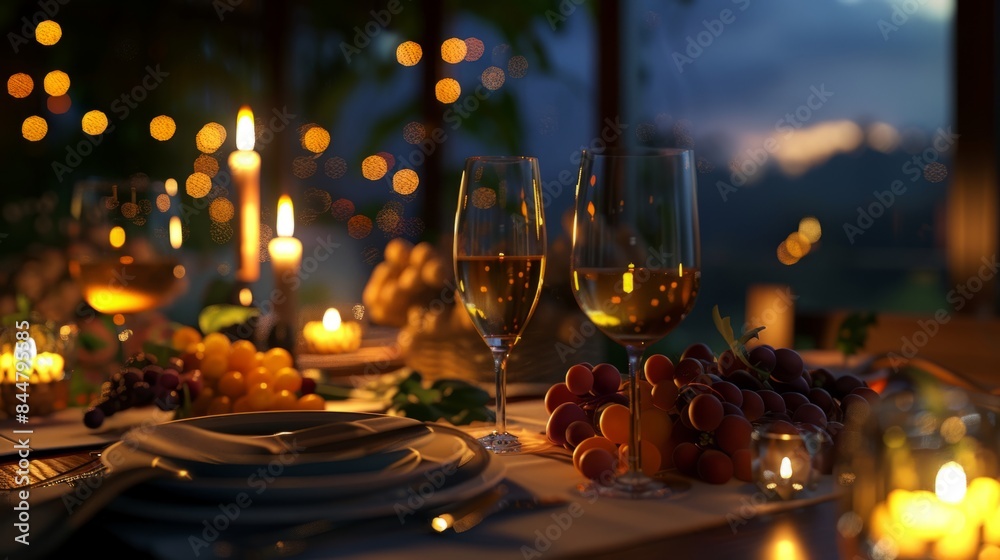 table in a night atmosphere, illuminated by a warm light, creating a cozy and elegant atmosphere. generative ai table in a night atmosphere, illuminated by a warm light, creating a cozy and elegant atmosphere. generative ai