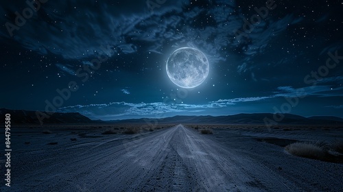 Dramatic night scene of a road in the desert aiming towards a bright moon, craters clear, under a starless, clouded black sky