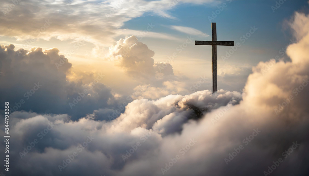 Cross floating in pastel clouds, symbolizing spirituality, hope, and transcendence. Soft lighting creates a serene atmosphere Cross floating in pastel clouds, symbolizing spirituality, hope, and transcendence. Soft lighting creates a serene atmosphere