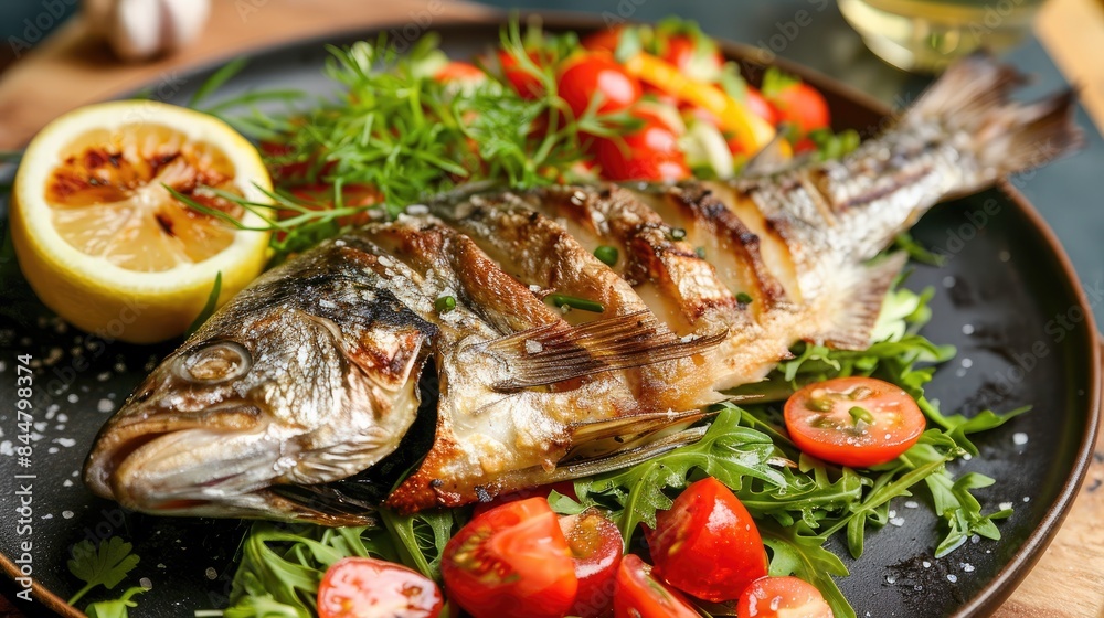 Grilled ocean fish served with tomatoes lemon and salad Grilled ocean fish served with tomatoes lemon and salad