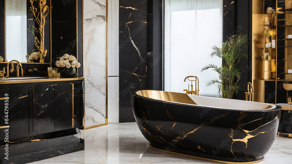 Modern interior bathroom with black marble and golden decoration, bathtub, shower and sink, stylish furniture Modern interior bathroom with black marble and golden decoration, bathtub, shower and sink, stylish furniture