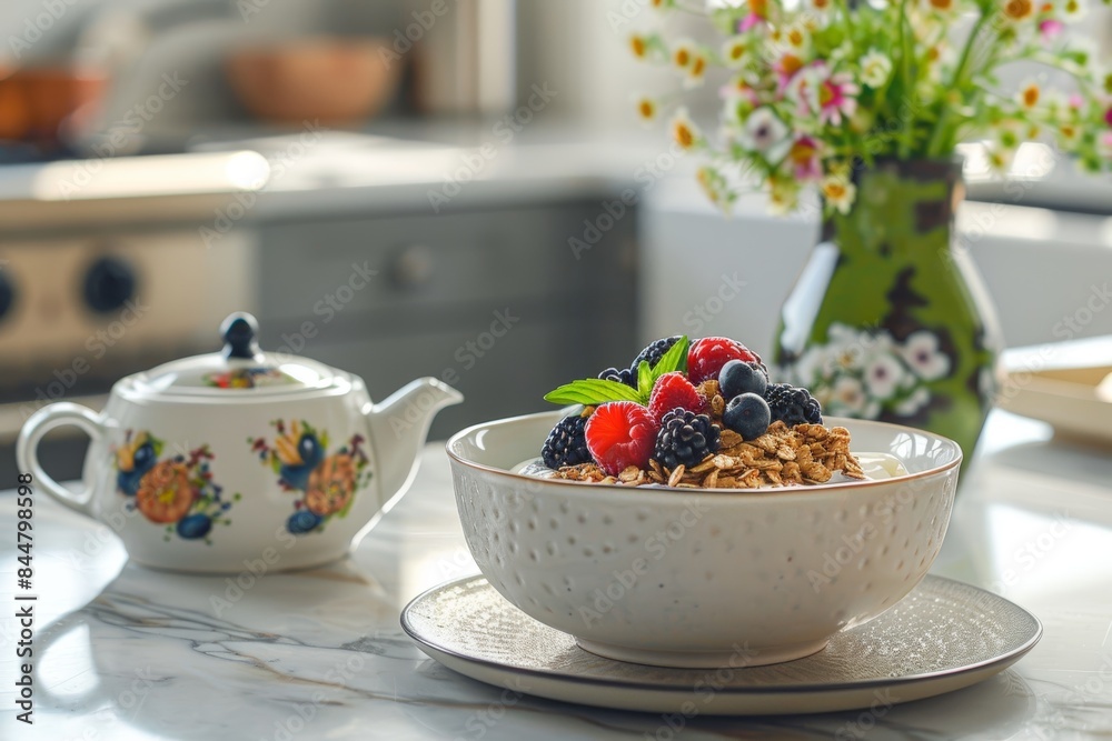 Healthy Breakfast with Greek Yogurt, Granola, Mixed Berries, Honey, and Green Tea in a Cozy Kitchen Setting Healthy Breakfast with Greek Yogurt, Granola, Mixed Berries, Honey, and Green Tea in a Cozy Kitchen Setting