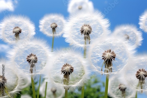 Dandelion seed heads stand against a vivid blue sky  symbolizing the tranquility of nature