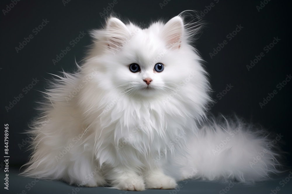 Portrait of a serene white long-haired cat with striking blue eyes, isolated on a dark backdrop