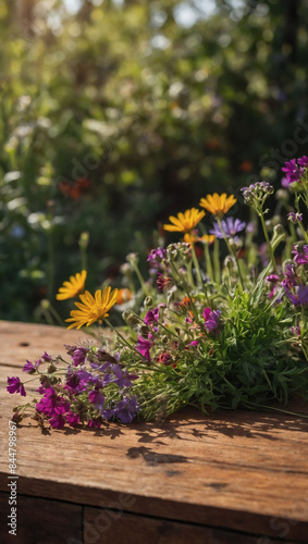 Natural beauty, a wooden table backdrop accented by vibrant wildflowers.