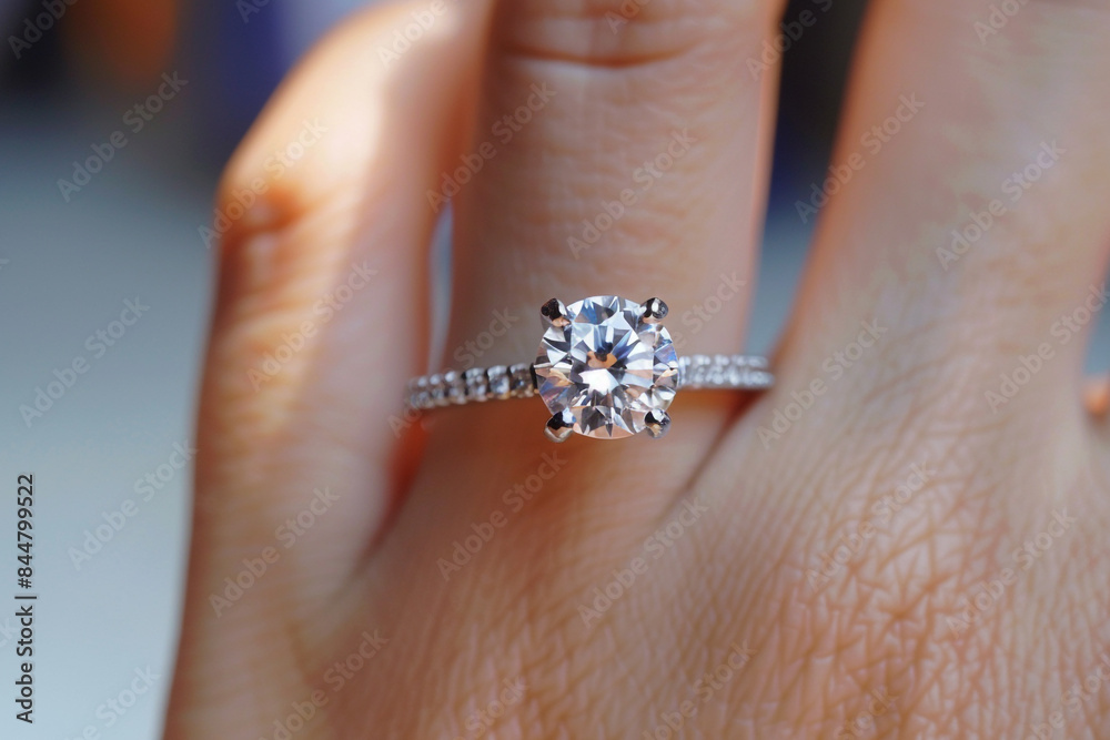 A woman's finger adorned with a stunning diamond engagement ring, captured in detailed closeup.