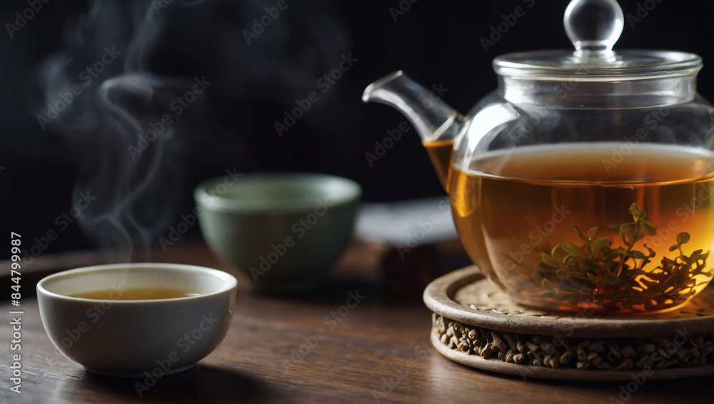 Oolong tea brewed in a glass teapot. Oolong tea brewed in a glass teapot.