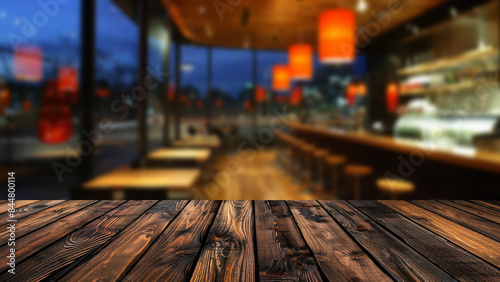 Featuring wooden table in foreground, with softly blurred background of chic restaurant during night scene. The table serves as perfect platform for food-related presentations or advertising