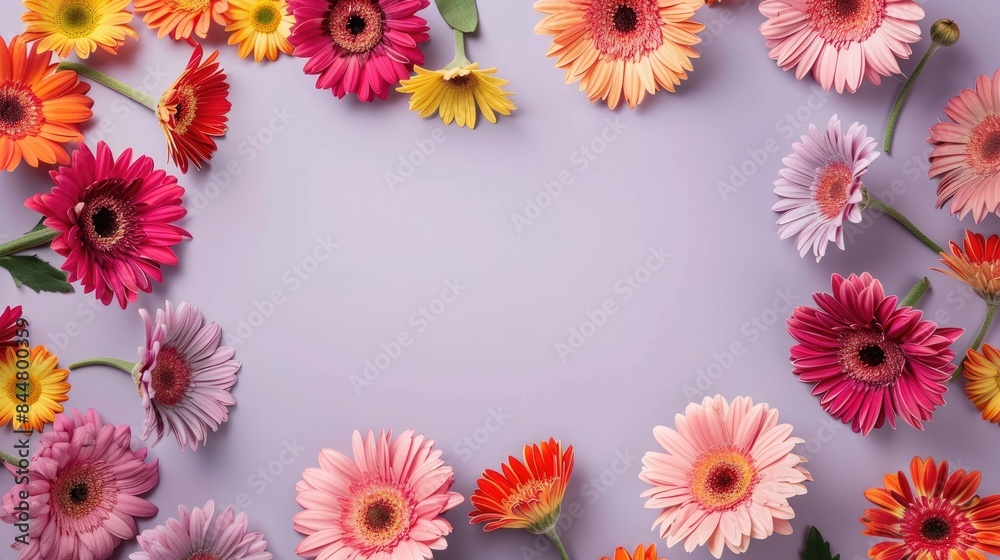 Flowers frame on graceful lilac background with colorful gerberas Flowers frame on graceful lilac background with colorful gerberas