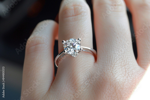 A woman's hand adorned with an exquisite engagement ring, the diamond sparkling in the light. © Ateeq