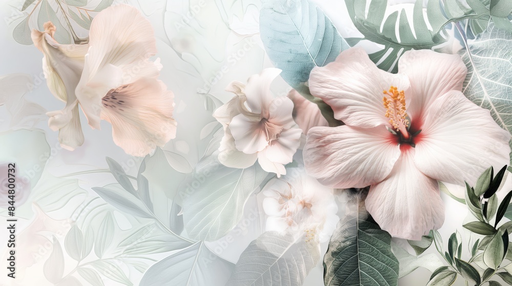 Delicate pastel hibiscus flowers and soft green leaves create a dreamy floral background illustration Delicate pastel hibiscus flowers and soft green leaves create a dreamy floral background illustration