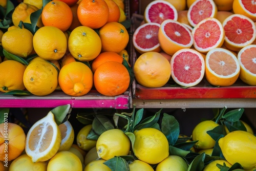 Vibrant Display of Fresh Citrus Fruits at Market Stall - Oranges  Lemons  Grapefruits