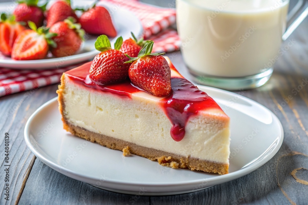 A delicious strawberry cheesecake with a glass of milk on a table A delicious strawberry cheesecake with a glass of milk on a table