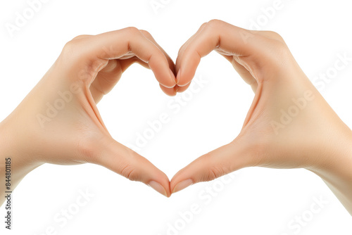 A close-up of a woman's hand making a heart shape with both hands isolated on transparent background