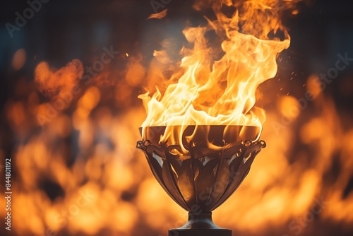 The Olympic flame igniting the cauldron, capturing the moment of excitement and anticipation selective focus, ceremony theme, dynamic, blend mode, Olympic cauldron backdrop photo