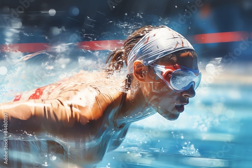 Swimmer practicing laps in the Olympic pool, highlighting technique and focus, realistic, blend mode, aquatic center backdrop