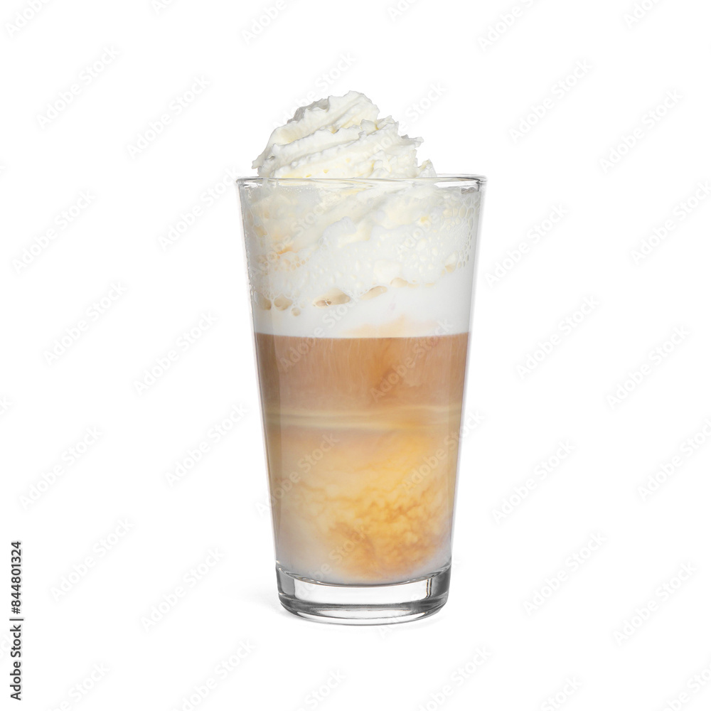 Delicious latte with whipped cream in glass isolated on white Delicious latte with whipped cream in glass isolated on white