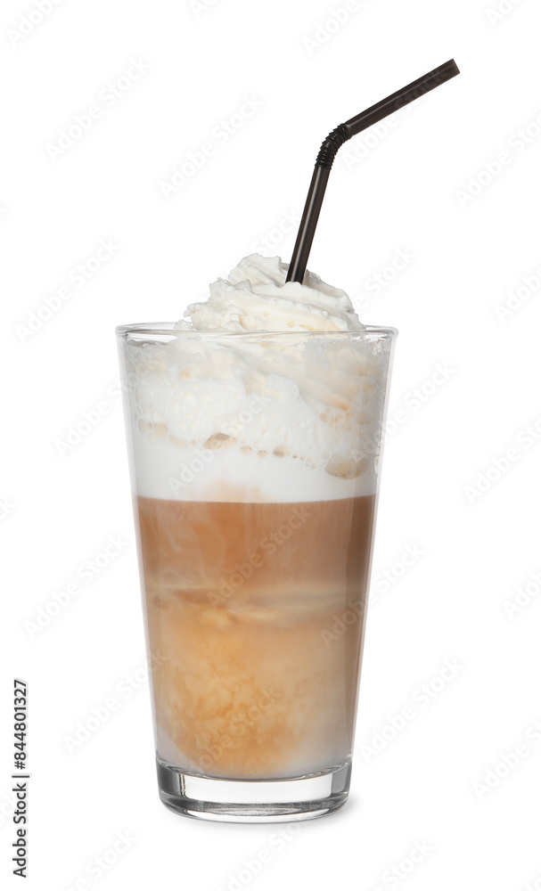 Delicious latte with whipped cream in glass isolated on white Delicious latte with whipped cream in glass isolated on white