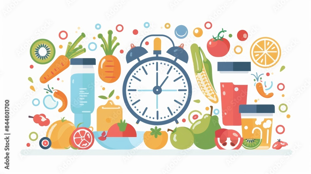 Naklejka premium Comprehensive Intermittent Fasting Infographic Highlighting Health Benefits with Colorful Icons