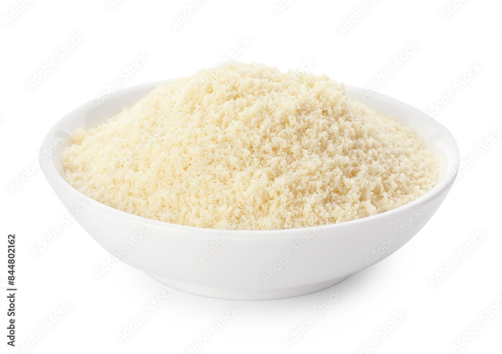Fresh almond flour in bowl isolated on white Fresh almond flour in bowl isolated on white