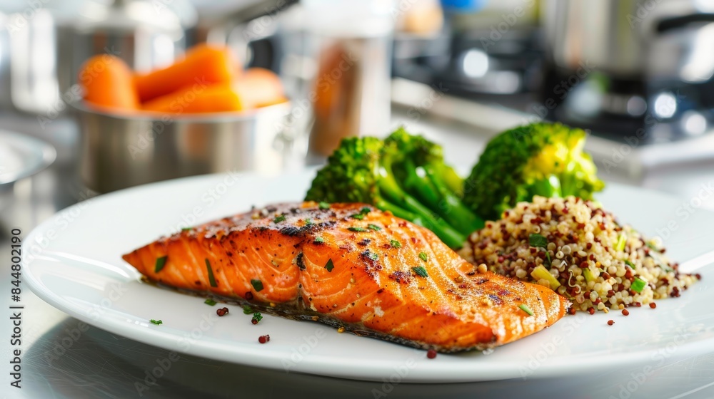 Healthy DASH Diet Lunch with Grilled Salmon, Quinoa, and Steamed Broccoli in Chef's Kitchen Healthy DASH Diet Lunch with Grilled Salmon, Quinoa, and Steamed Broccoli in Chef's Kitchen