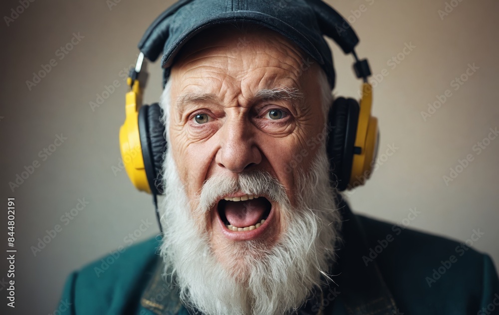 an elderly man with a beard is wearing headphones and singing into a microphone an elderly man with a beard is wearing headphones and singing into a microphone