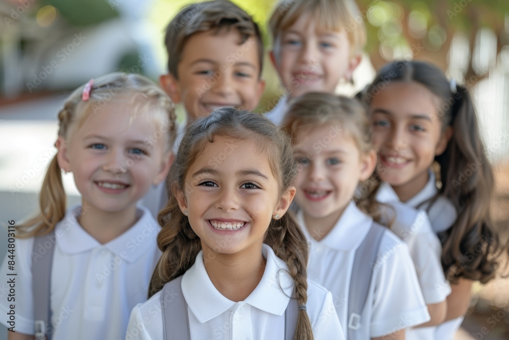 Smiling Elementary School Students in Uniforms Posing Together in Front of School Building Smiling Elementary School Students in Uniforms Posing Together in Front of School Building
