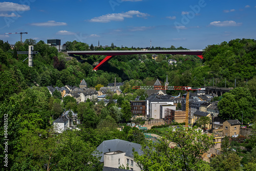Beautiful panoramic view of Old town and Kirchberg district in North-eastern Luxembourg City. Grand Duchy of Luxembourg.