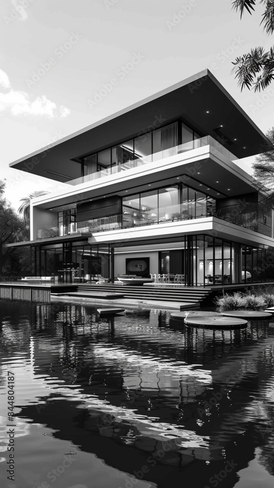 a modern family home, drawn with white ink on black paper a modern family home, drawn with white ink on black paper