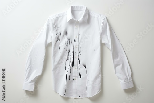 Pristine white dress shirt tarnished with black ink spots against a white backdrop photo