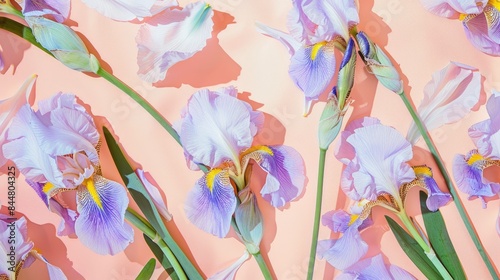 Aesthetic floral iris background. Botanical wallpaper pink lilac colors.