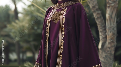 A luxurious abaya with a high-low hem in rich plum, accented with metallic gold trim