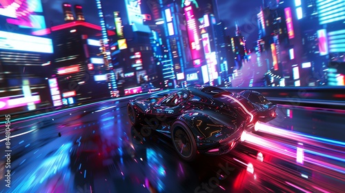 A sleek and futuristic sports car races through a vibrant city at night.